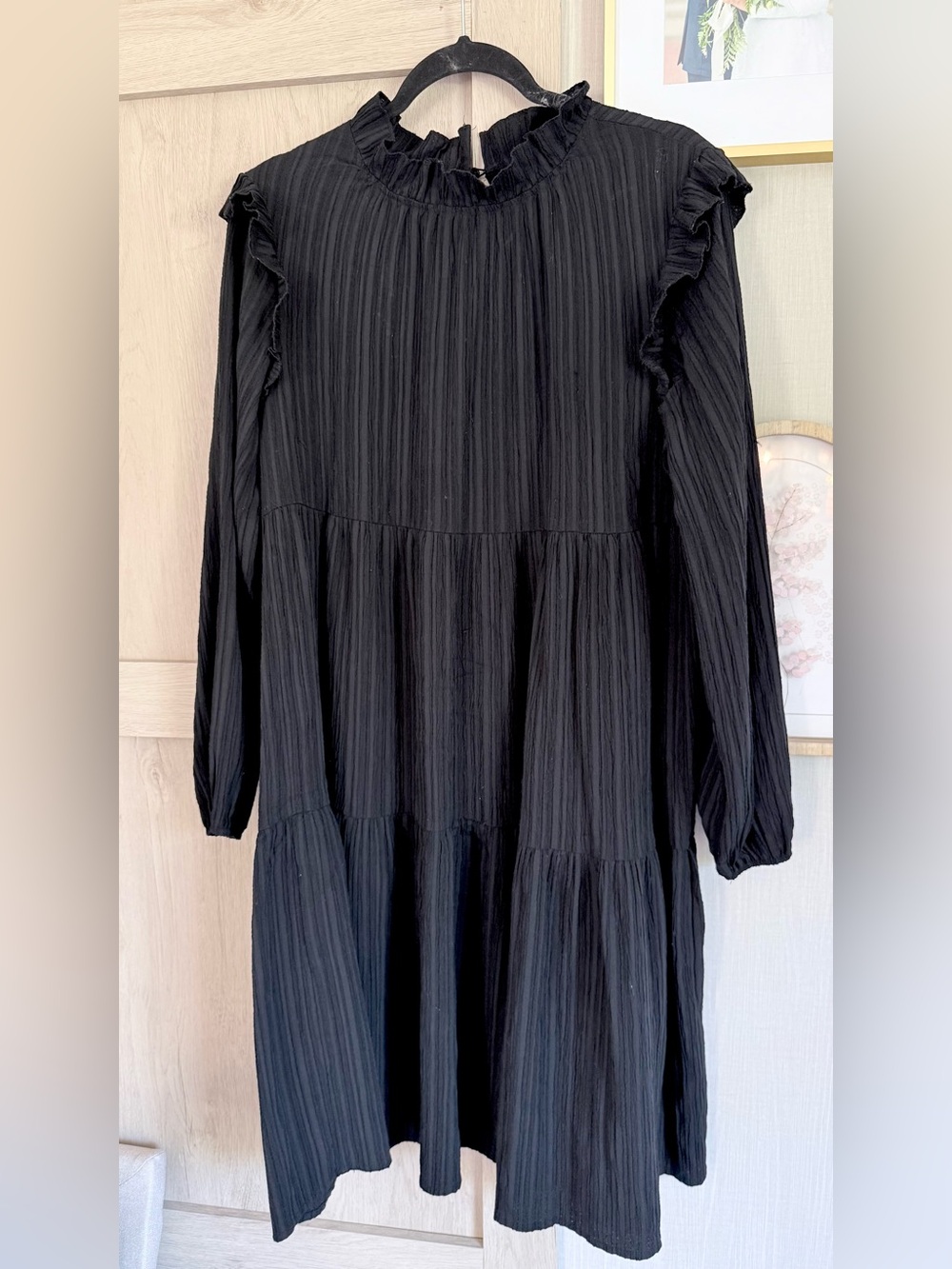 Black Ruffled High-Neck Long Sleeve Tiered Dress